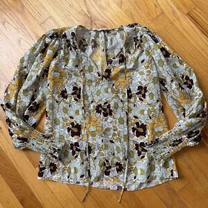 Rebecca Taylor Blouse XS Floral Long Sleeve Smocked Cuffs Top‎ Shirt